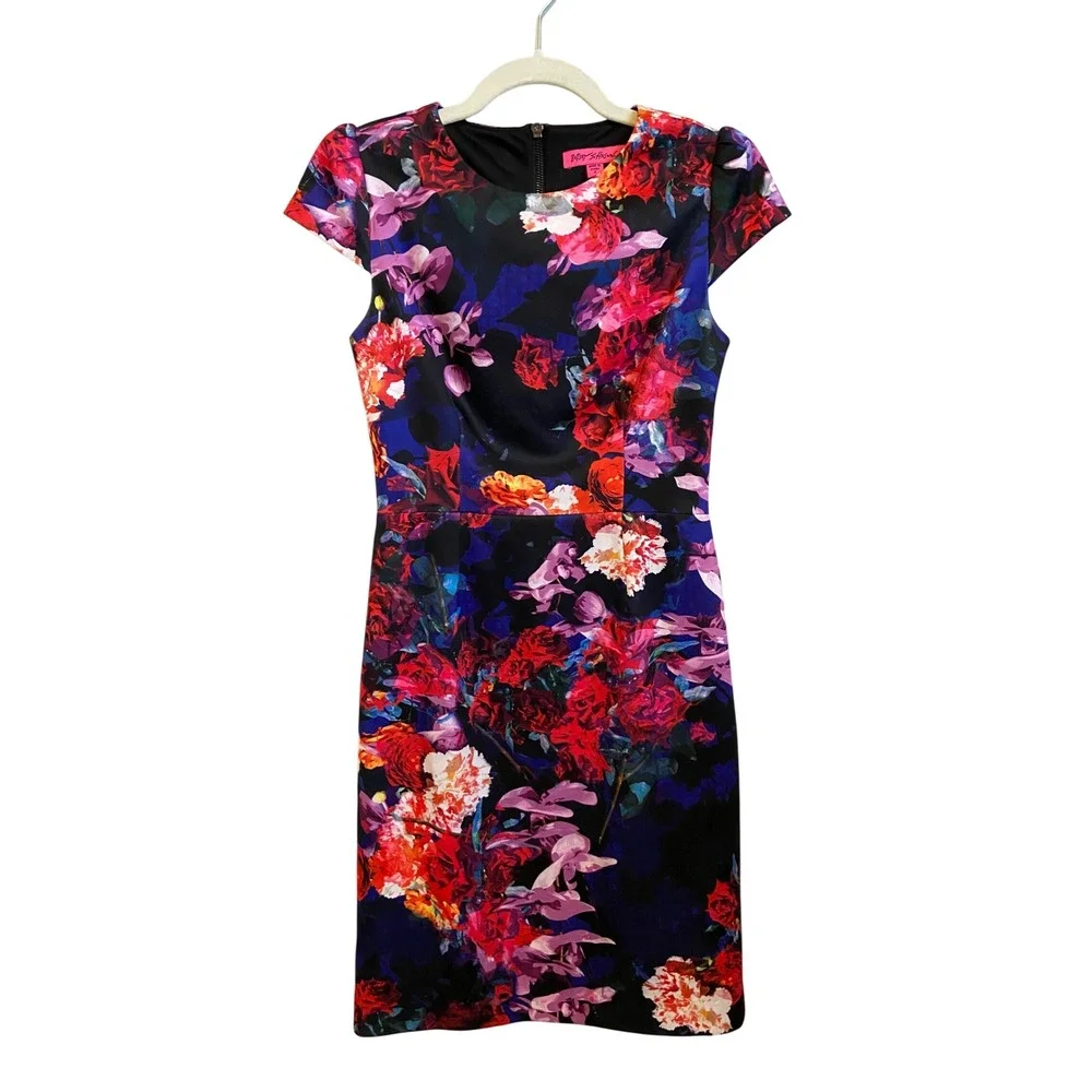 Betsey Johnson Floral Cap Sleeve Sheath Dress Navy Red Pink Size 2